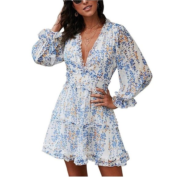 Summer Dress Size Large Boho Deep V Back Chicwish Floral Open Back Ruffle - Picture 13 of 14